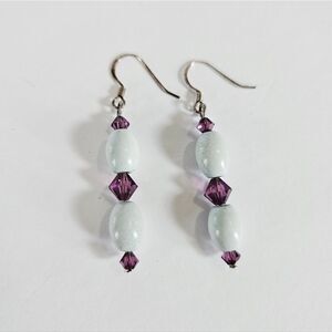 Vintage Hand Made Sterling Silver Beaded Amethyst Crystal Dangle Drop Earrings